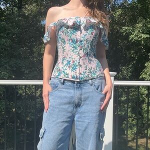 UK 14 Corset Story Birds Of Paradise Flutter Sleeve Cold Shoulder Cotton Corset